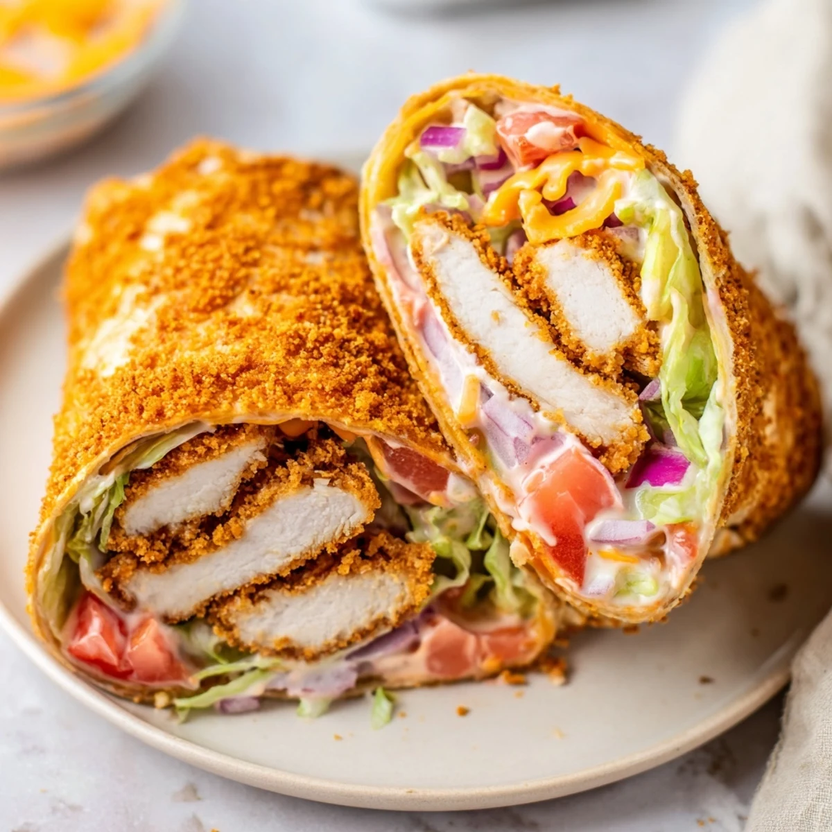 Warm tortilla encasing crisply fried tenders in a Crispy Chicken Ranch Wrap.