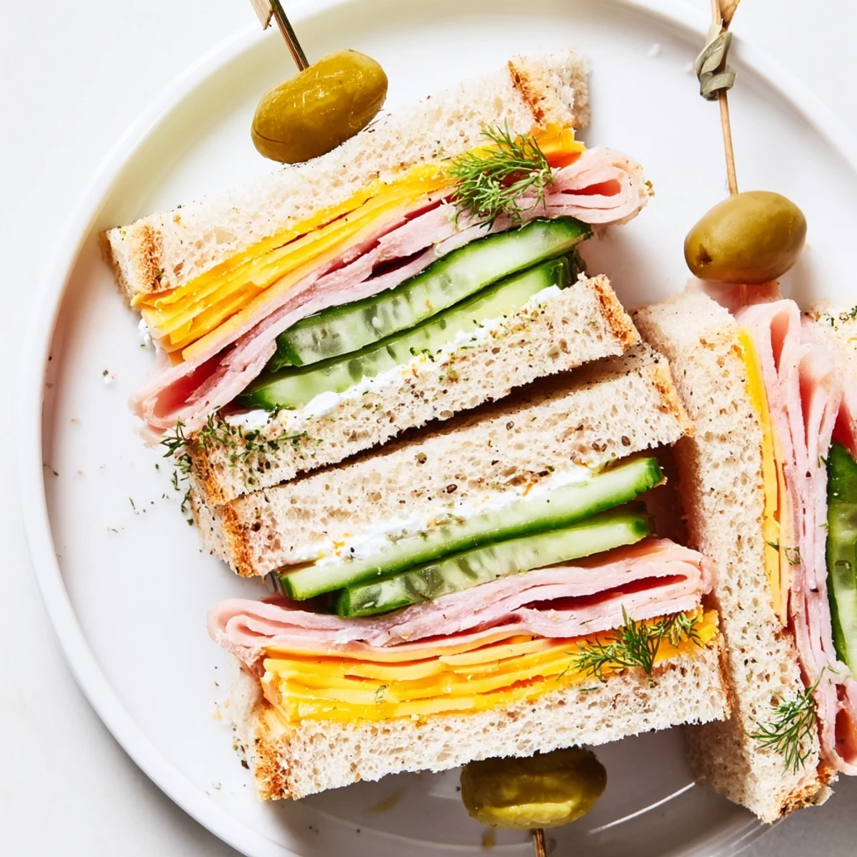 Mini Sandwiches on soft bread with cheddar, cucumber, and herb garnish