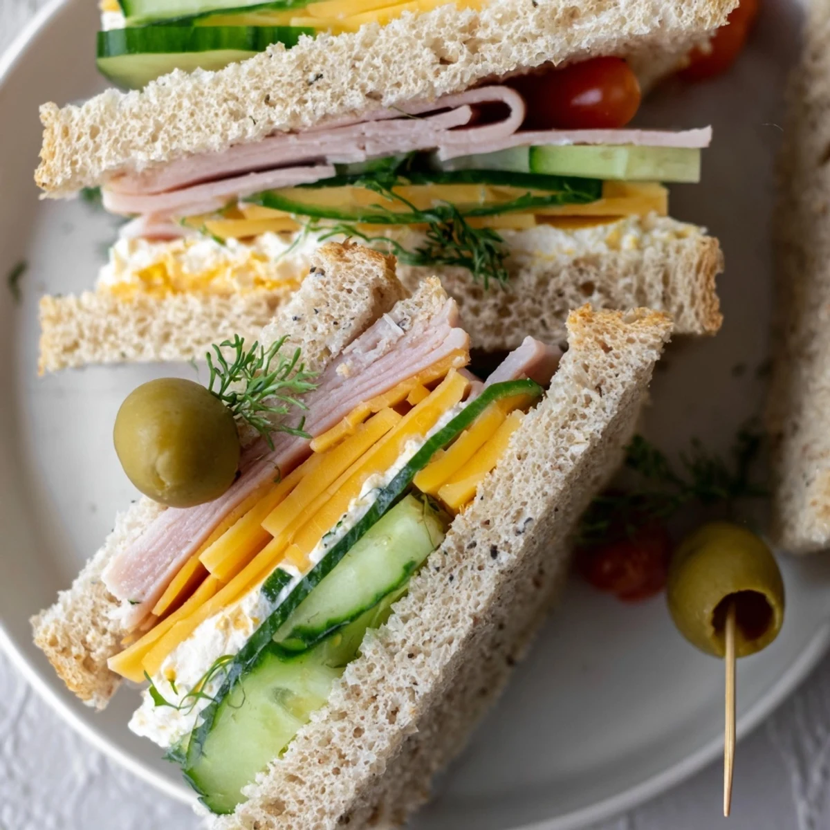 Tray of Mini Sandwiches cut into triangles, creamy fillings and crisp lettuce