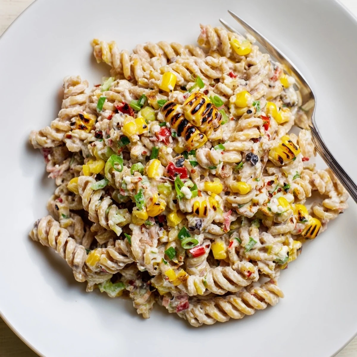 Street Corn Pasta Salad with charred corn, creamy dressing, cilantro garnish