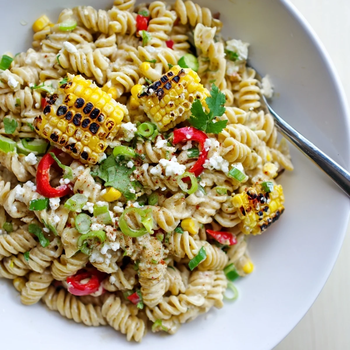 Grilled corn, lime, Cotija tossed into a zesty Street Corn Pasta Salad