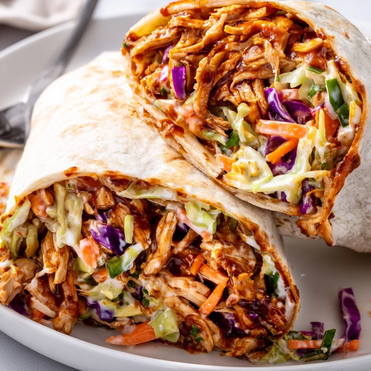 Bbq Chicken Coleslaw Wraps piled on plate, tangy slaw and smoky chicken.