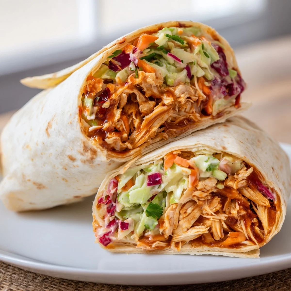 Grilled Bbq Chicken Coleslaw Wraps sliced in half, creamy slaw spilling.