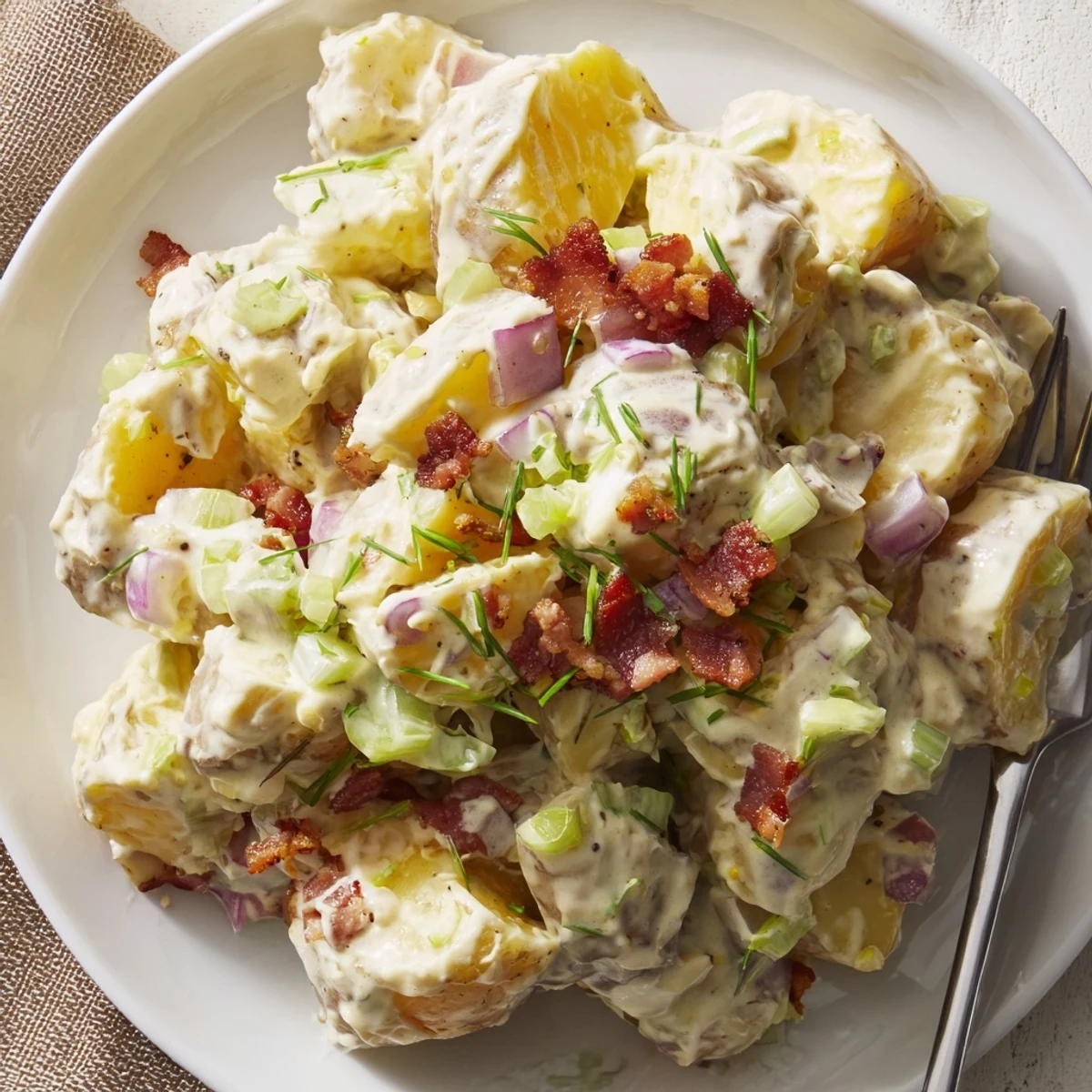 Steakhouse Potato Salad with crispy bacon, creamy dressing, served alongside grilled steak.