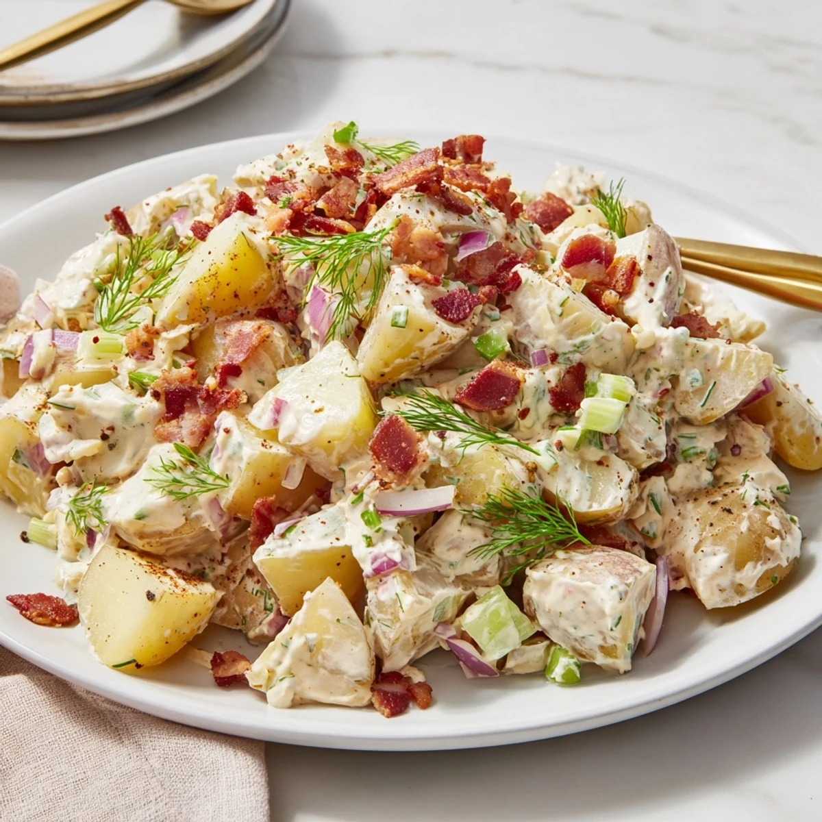 Steakhouse Potato Salad chilled and creamy, studded with chopped eggs and scallions.