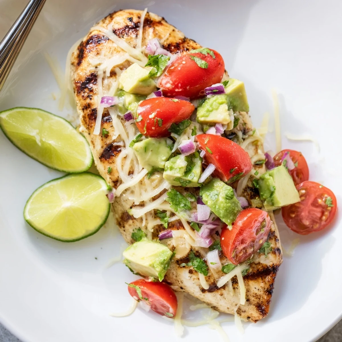 Grilled Fiesta Lime Chicken With Avocado topped with zesty avocado-tomato salsa  