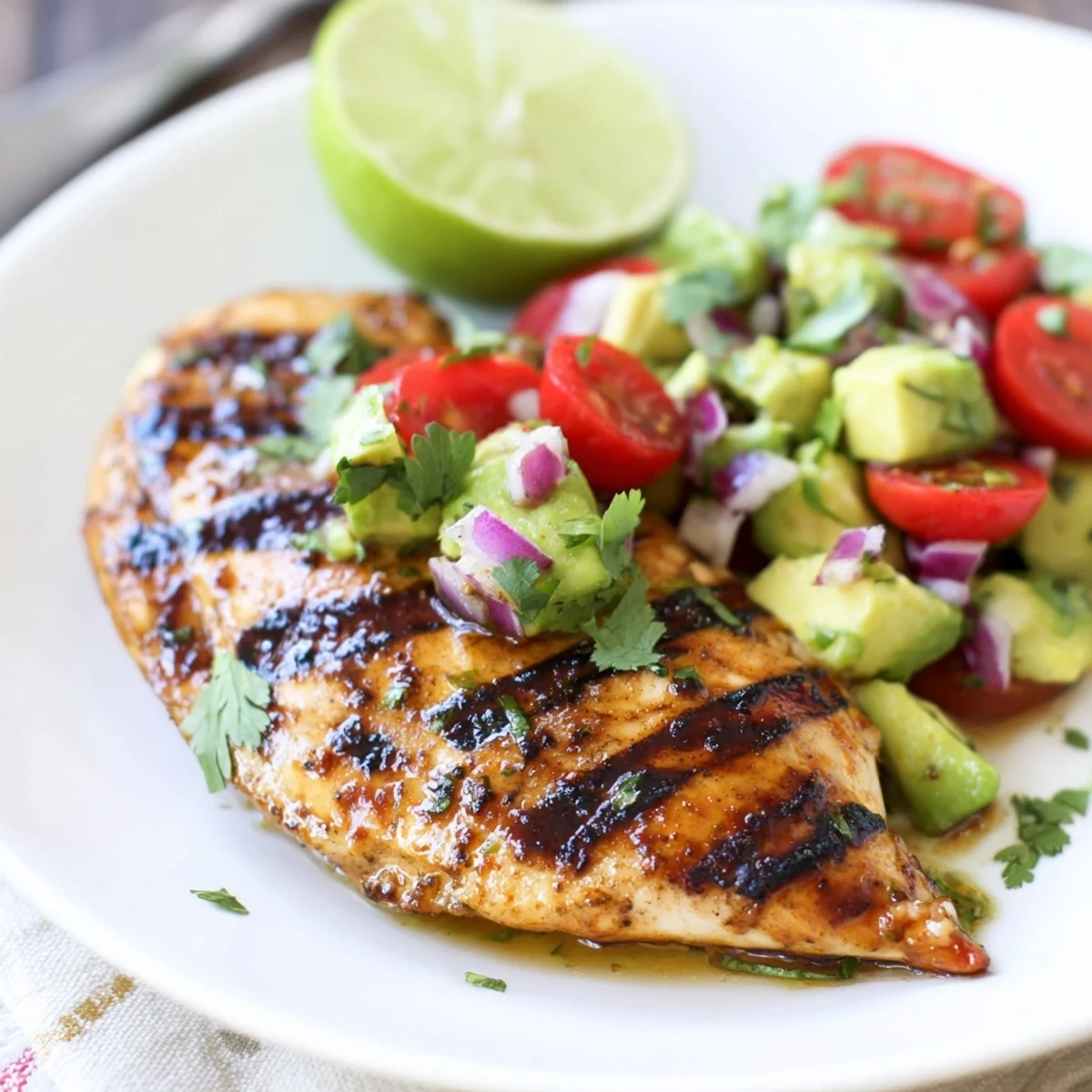 Sliced Fiesta Lime Chicken With Avocado served warm alongside cilantro-lime rice  