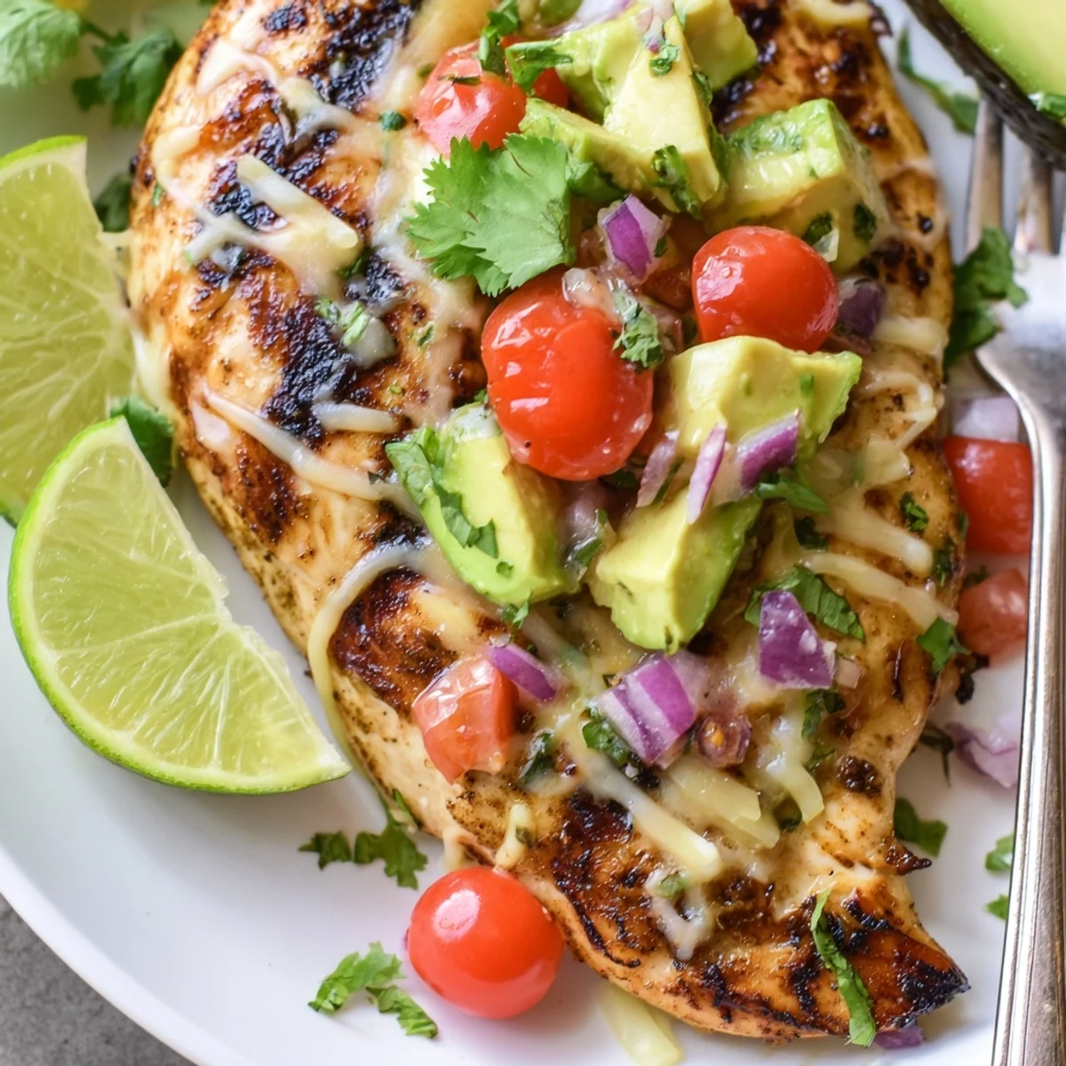 Marinated Fiesta Lime Chicken With Avocado glows with char marks and fresh lime