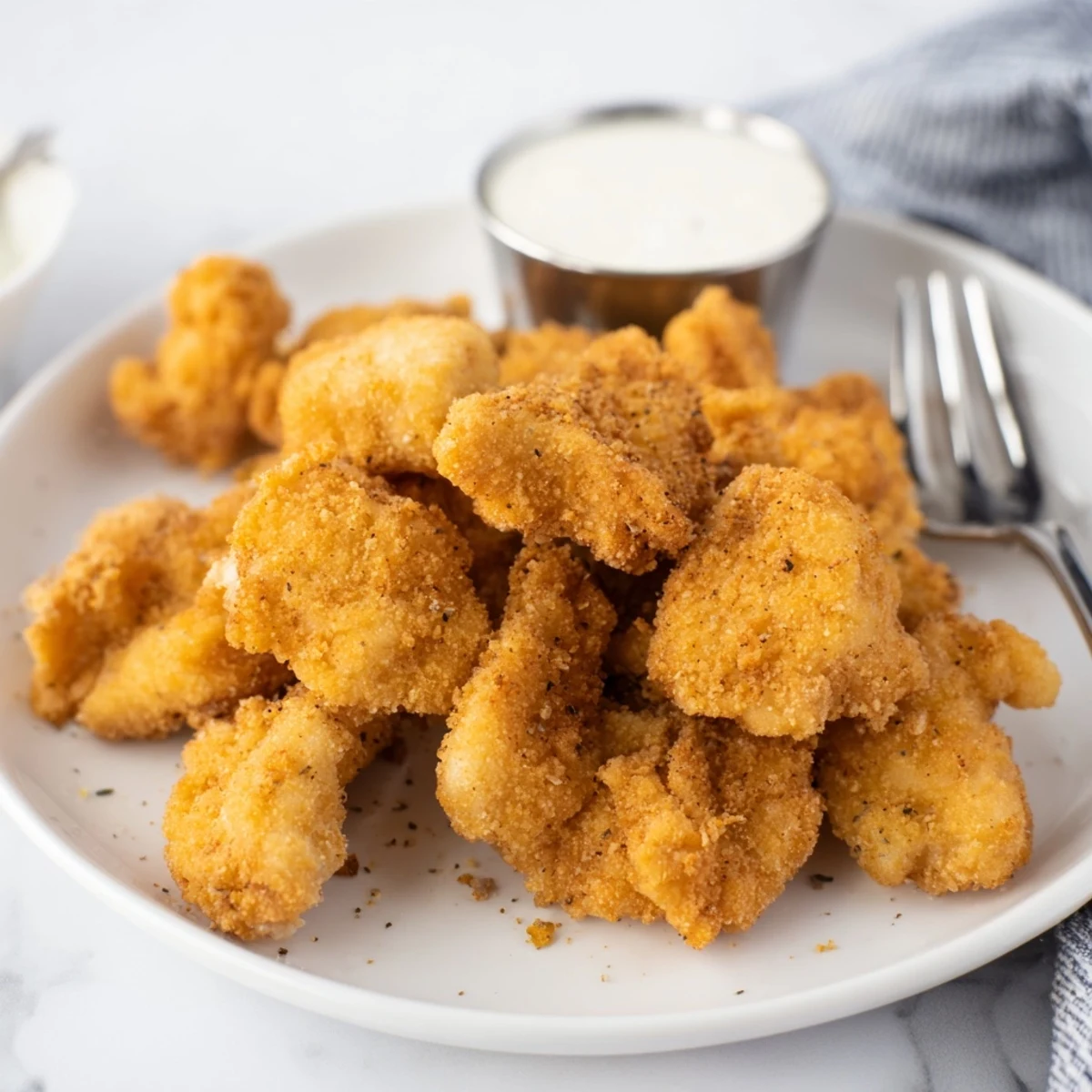 Crispy golden Chicken Bites piled on a plate, steaming, tender interior