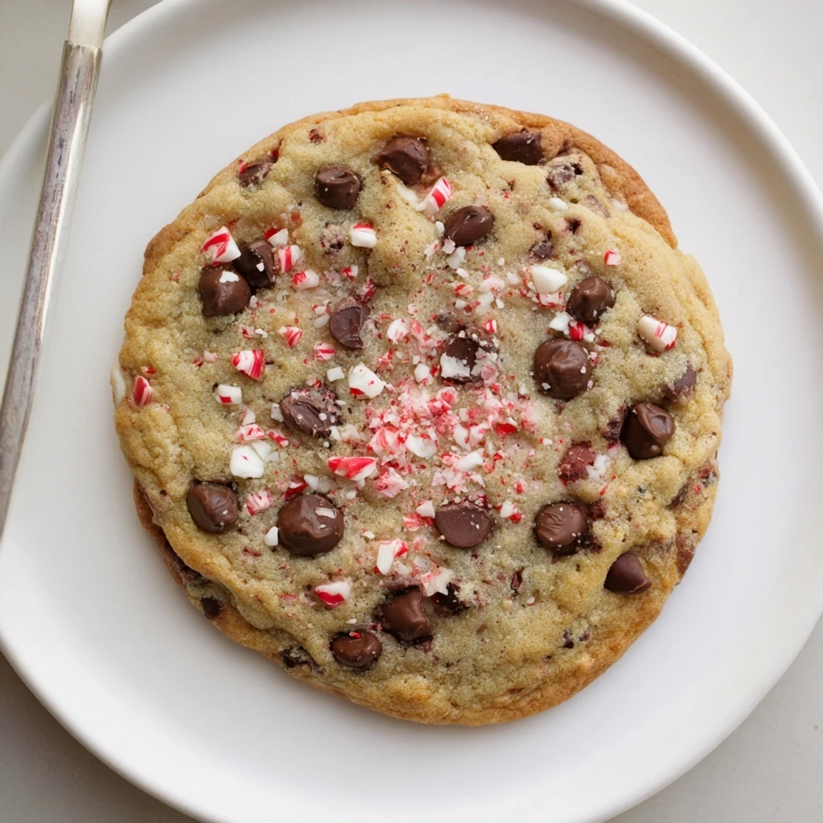 Peppermint Chocolate Chip Cookies cooling on a rack, glossy chips and crushed candy