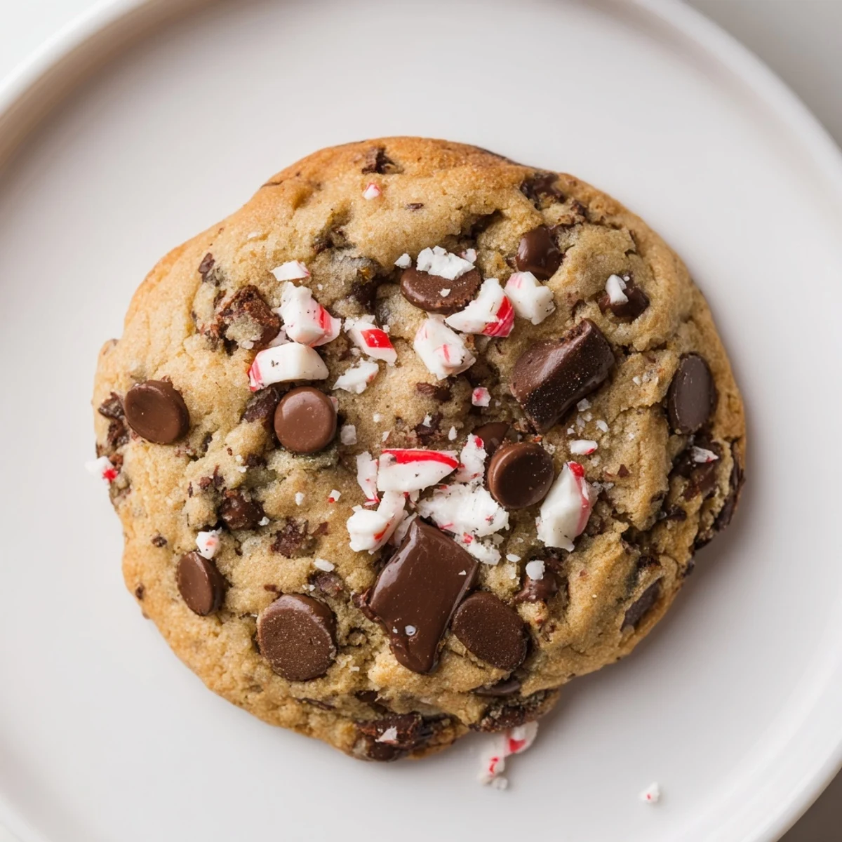 Warm Peppermint Chocolate Chip Cookies with melty chocolate, speckled peppermint, holiday plate