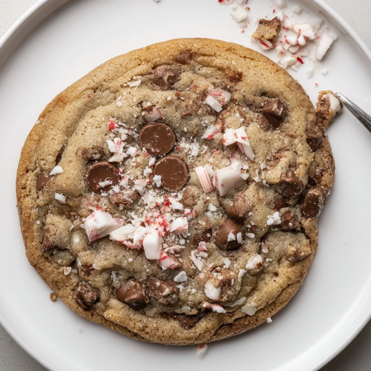 Stack of Peppermint Chocolate Chip Cookies beside steaming mug of cocoa, dusted with sugar