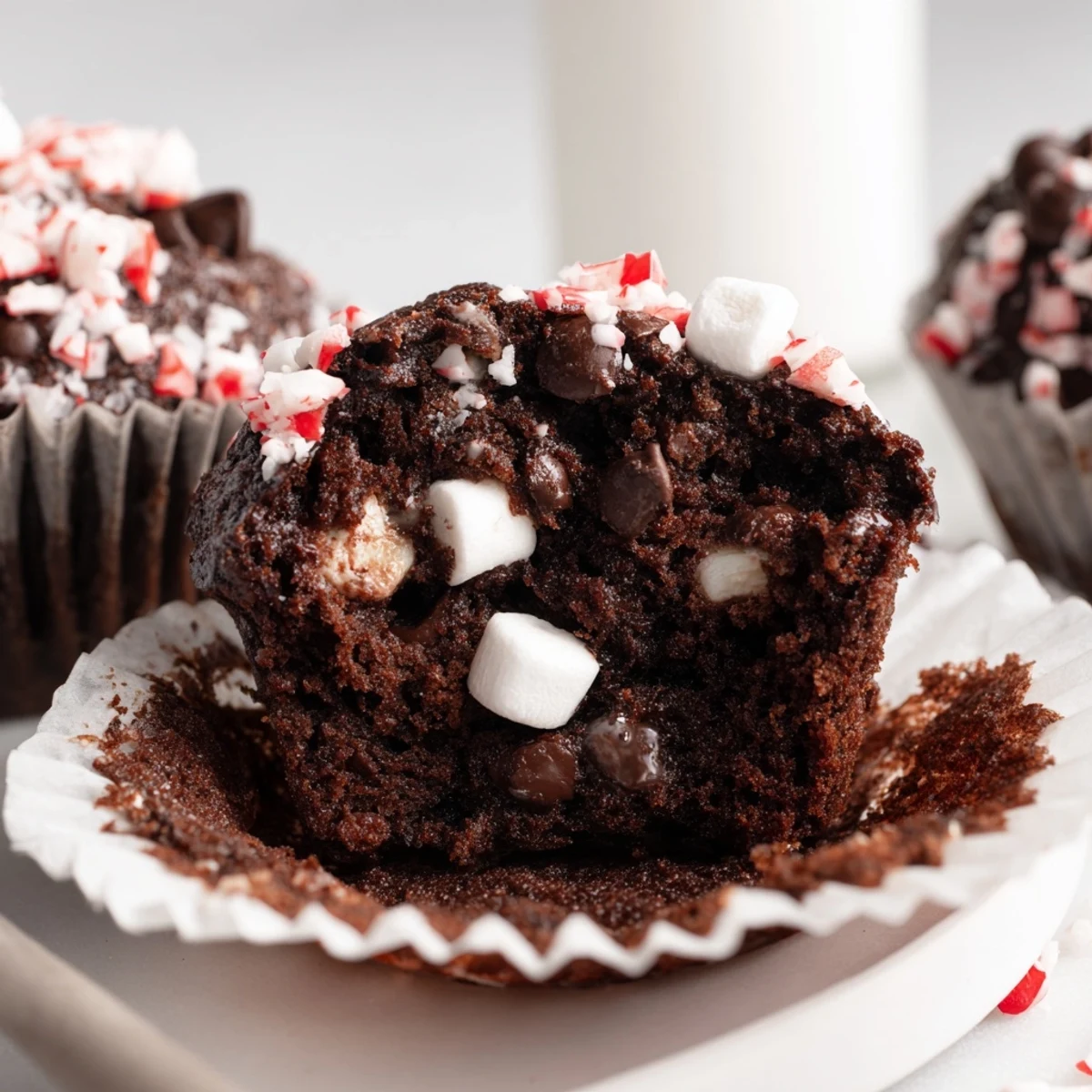 Peppermint Hot Chocolate Muffins with glossy chocolate chips and crushed peppermint, warm