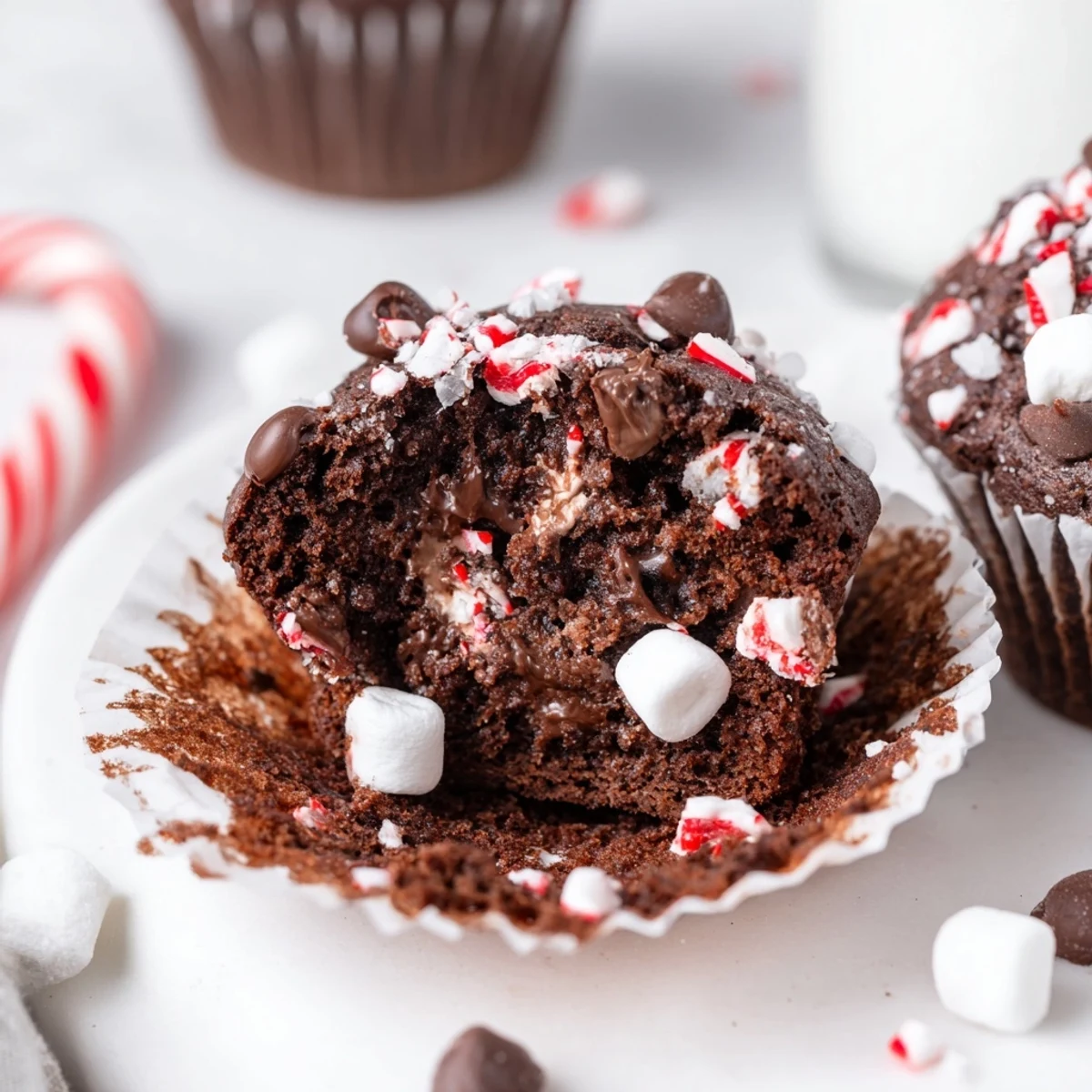 Peppermint Hot Chocolate Muffins pictured cooling on a wire rack, marshmallow-topped