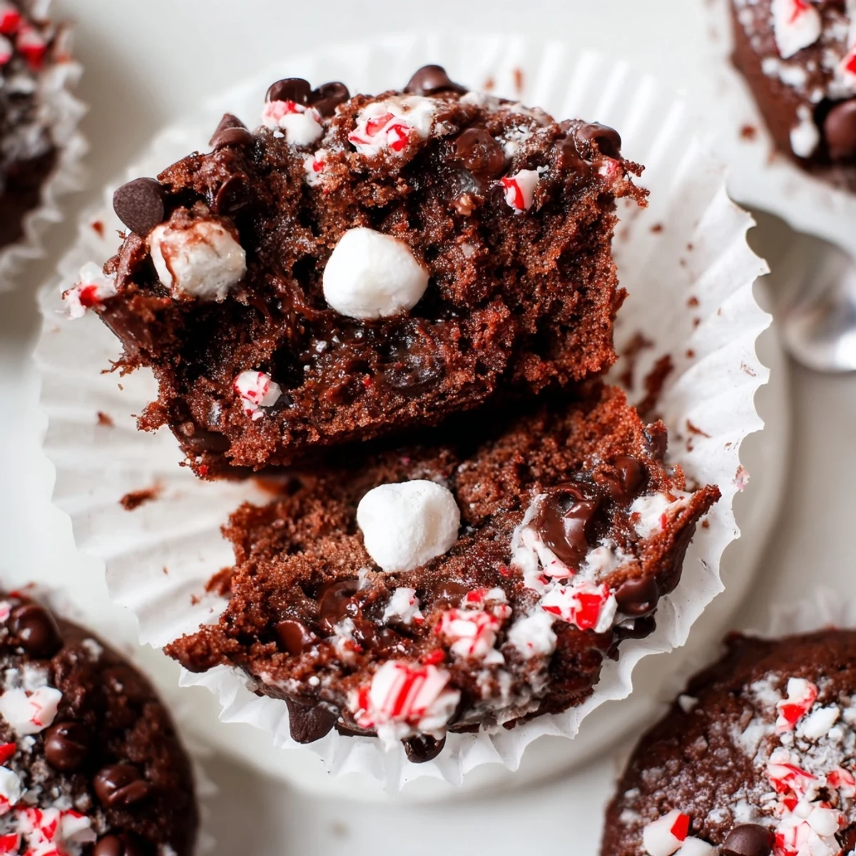 Serve Peppermint Hot Chocolate Muffins with whipped cream and extra crushed candy