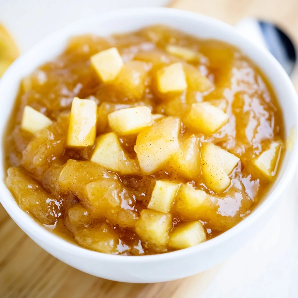 Warm oatmeal topped with Fall Caramel Apple Jam, sticky, sweet apple chunks