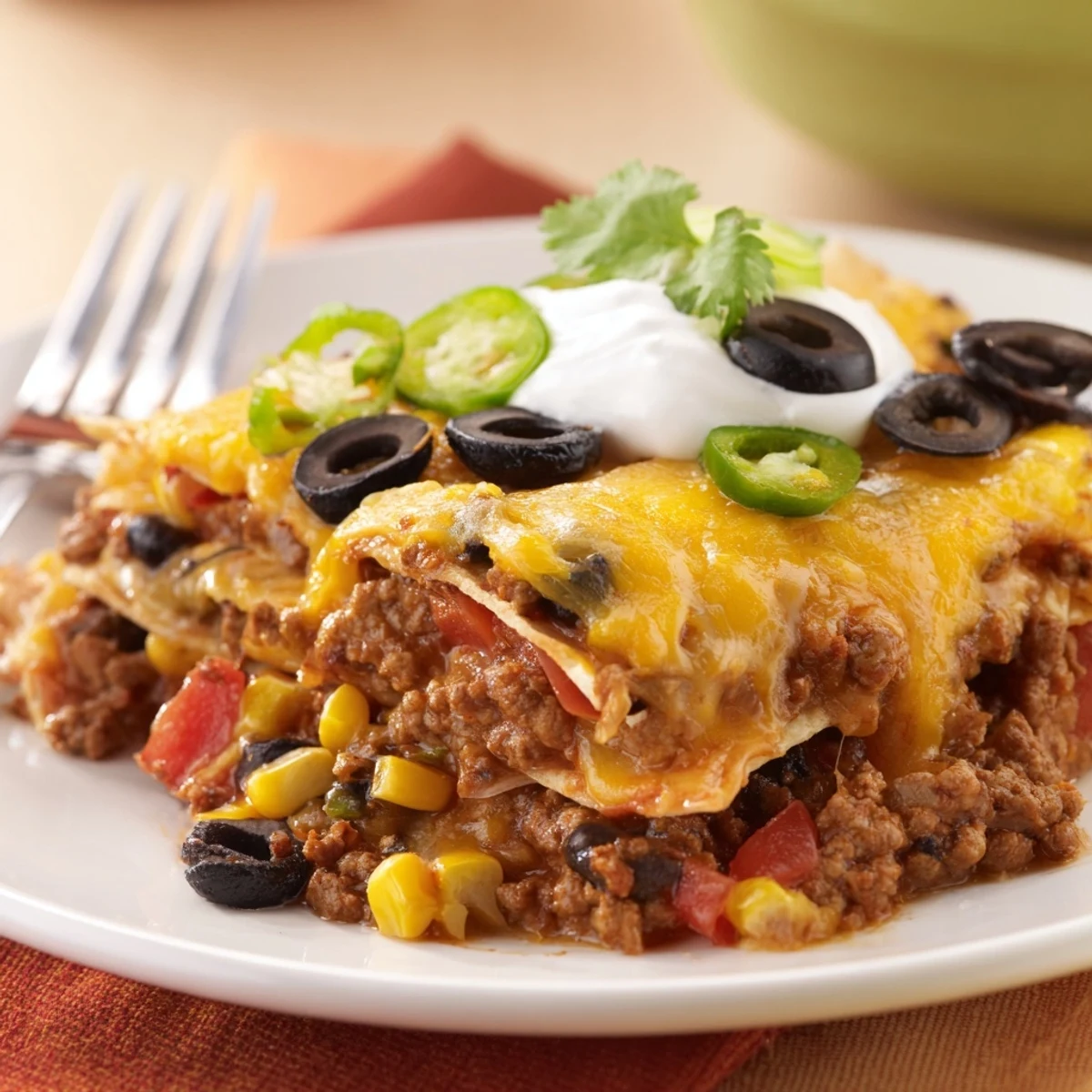 Cheesy Nacho Casserole bubbling golden, layered with seasoned beef and crunchy chips