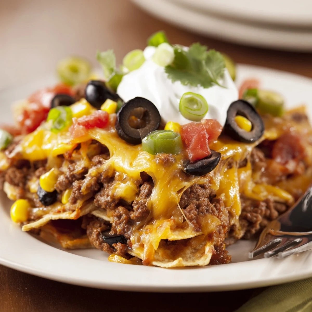 Oven-fresh Cheesy Nacho Casserole topped with sour cream, cilantro, and jalapeños
