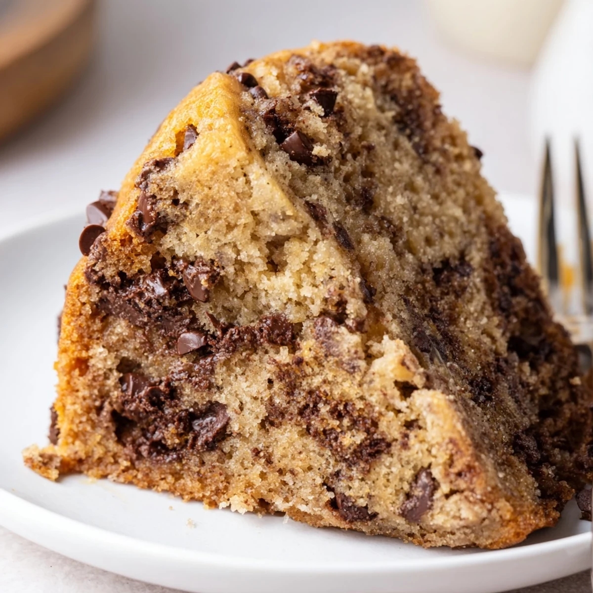 Warm slice of Banana Chocolate Chip Cake Recipe with melty chips, golden crumb