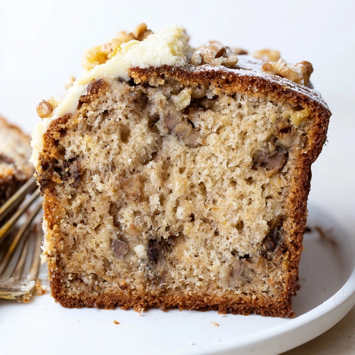Warm slice of Banana Bread Cake Recipe topped with melting vanilla ice cream