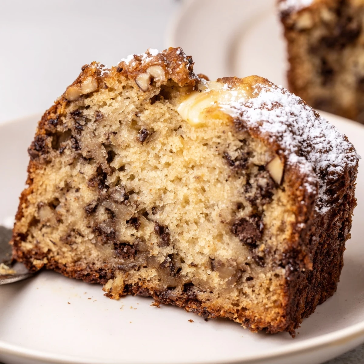 Banana Bread Cake Recipe cooling on wire rack dusted with powdered sugar