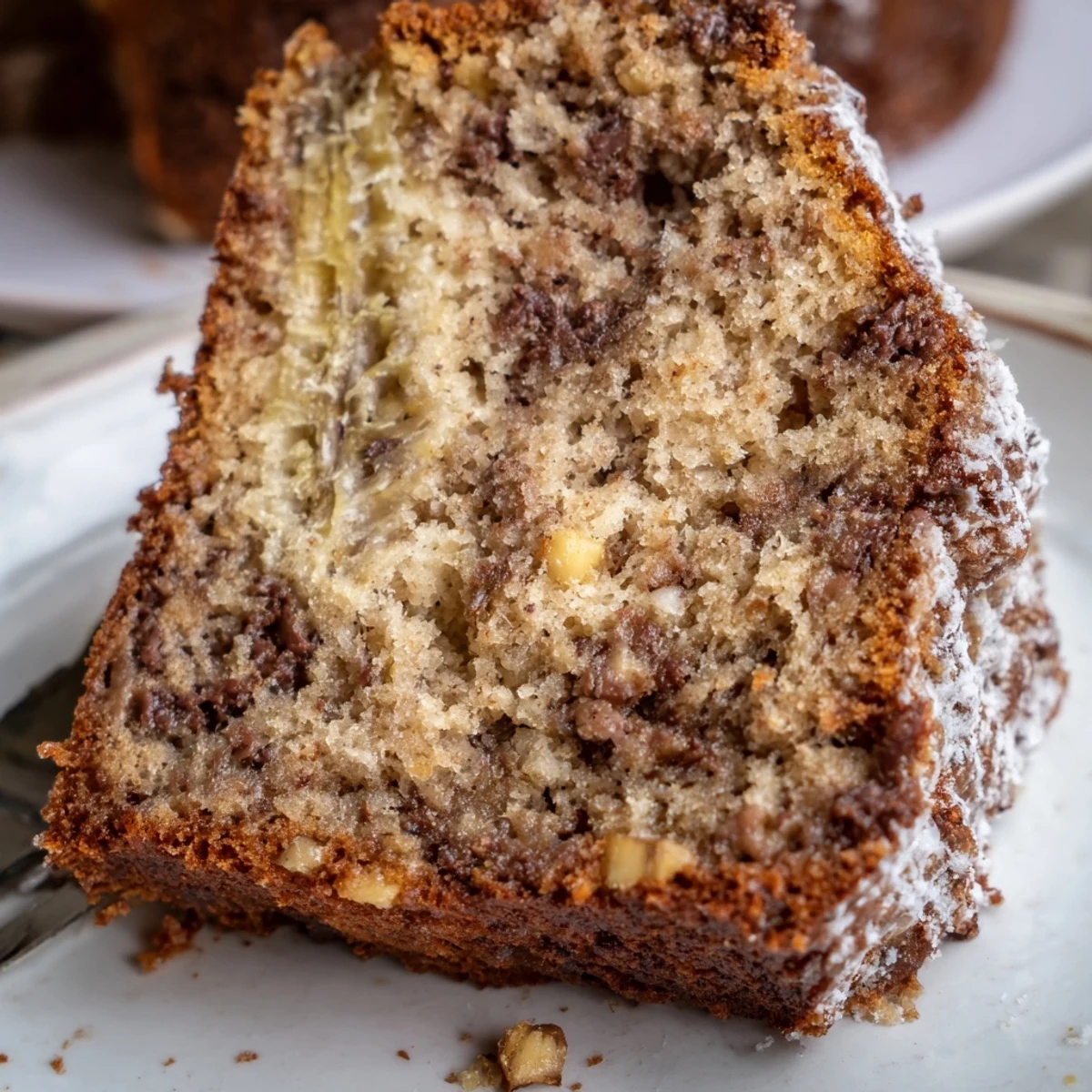 A moist slice from the Banana Bread Cake Recipe drizzled with maple syrup