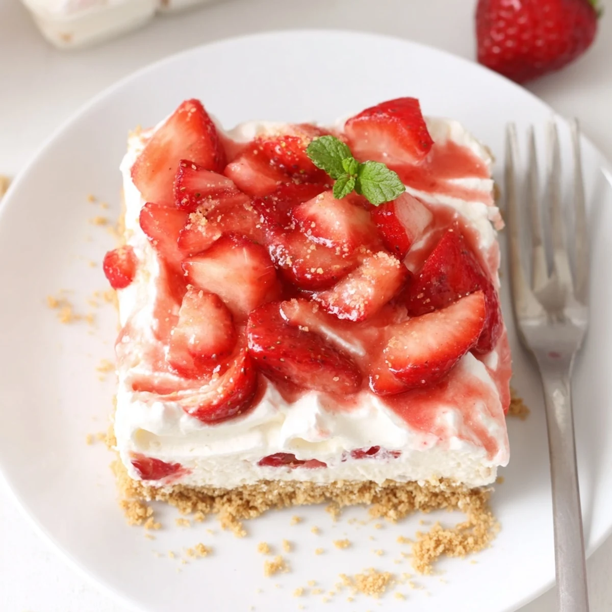 A slice of No Bake Strawberry Shortcake Dessert topped with mint, glossy berries