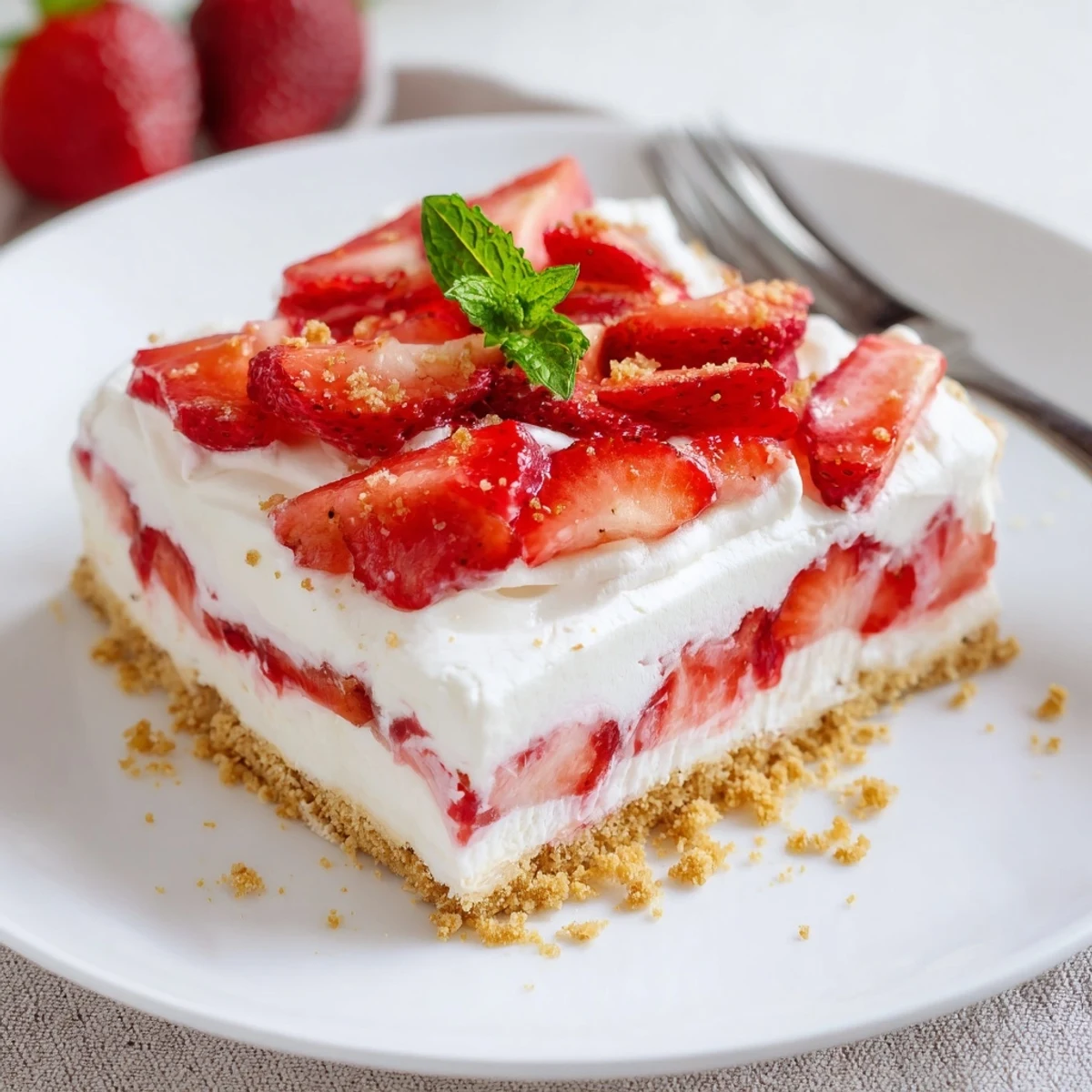 Creamy No Bake Strawberry Shortcake Dessert layered with whipped cream, macerated strawberries