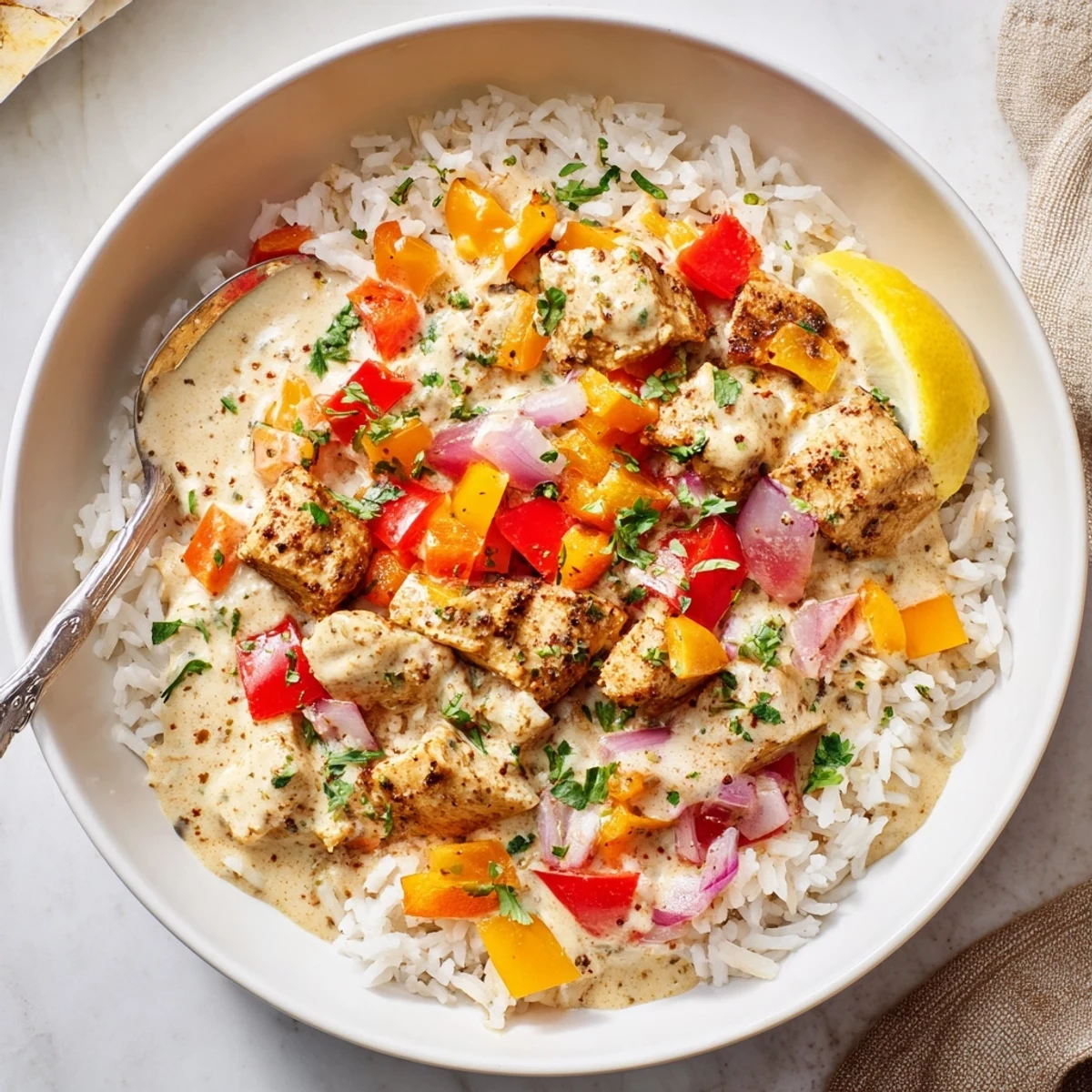 Creamy Cajun Chicken Rice Bowls with tender chicken, vibrant peppers, and parsley  