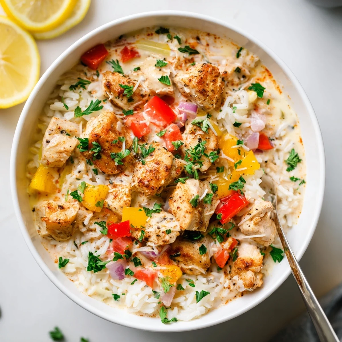 Dinner-ready Creamy Cajun Chicken Rice Bowls steaming over fluffy rice  