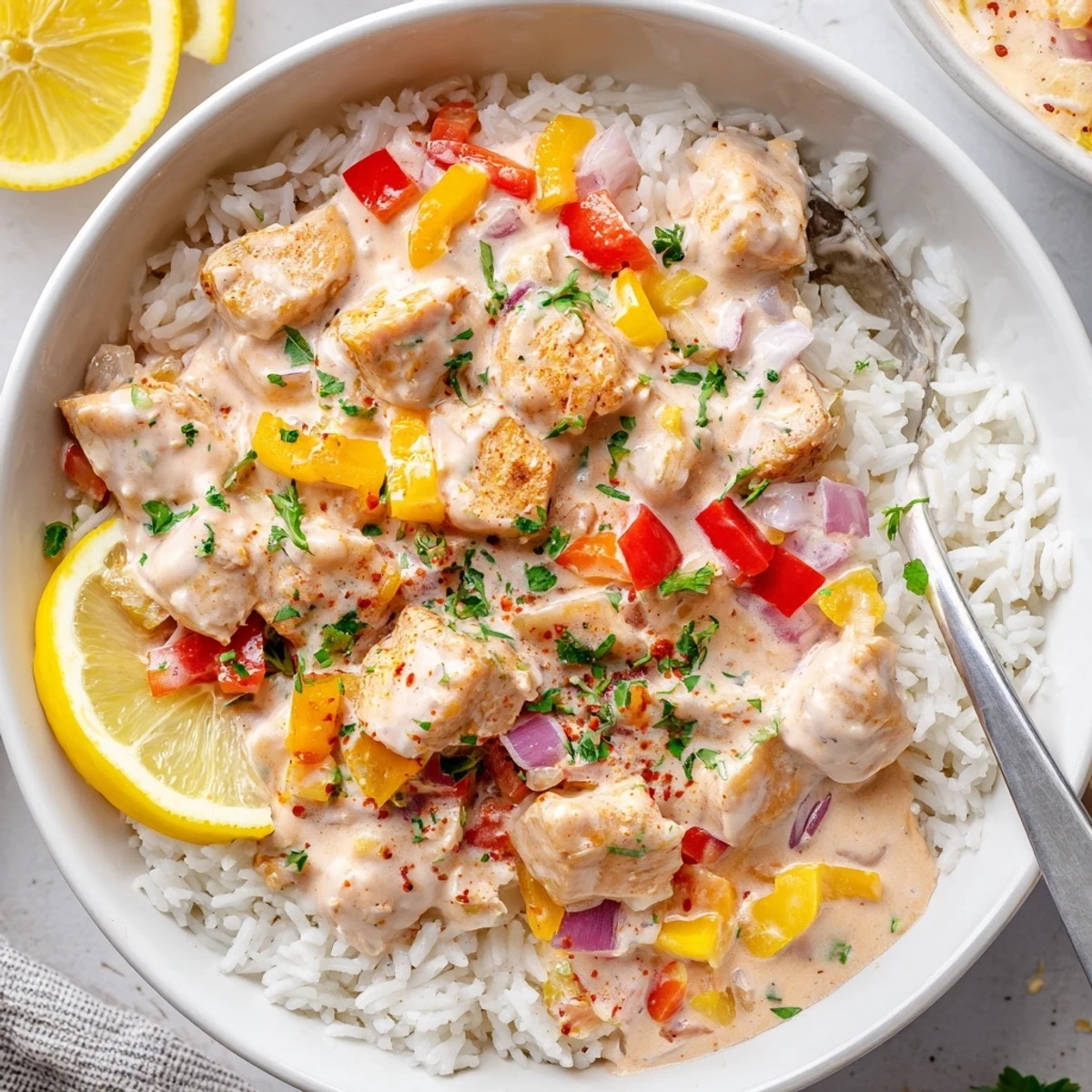 Creamy Cajun Chicken Rice Bowls topped with lemon wedges and grated parmesan