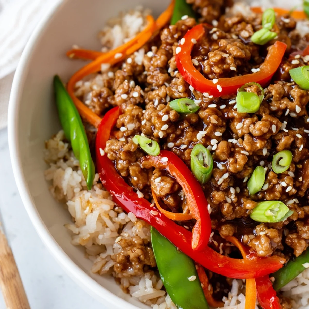 Family-style Teriyaki Turkey Rice Bowls garnished with green onions and sesame seeds