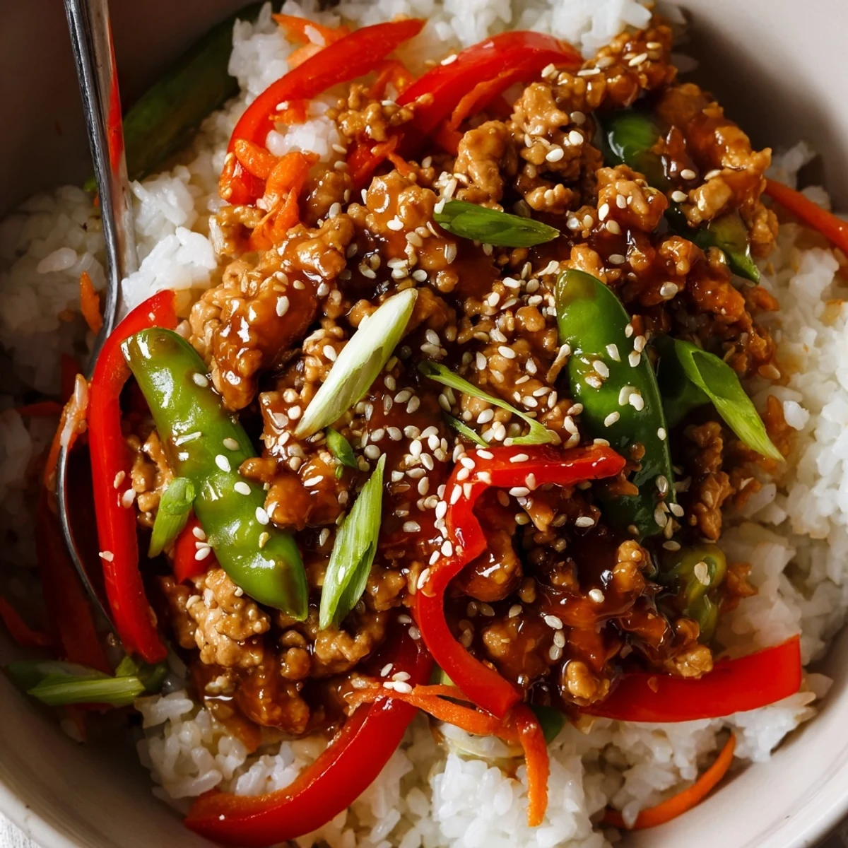 Weeknight Teriyaki Turkey Rice Bowls: savory glazed turkey, bright peppers, sesame crunch
