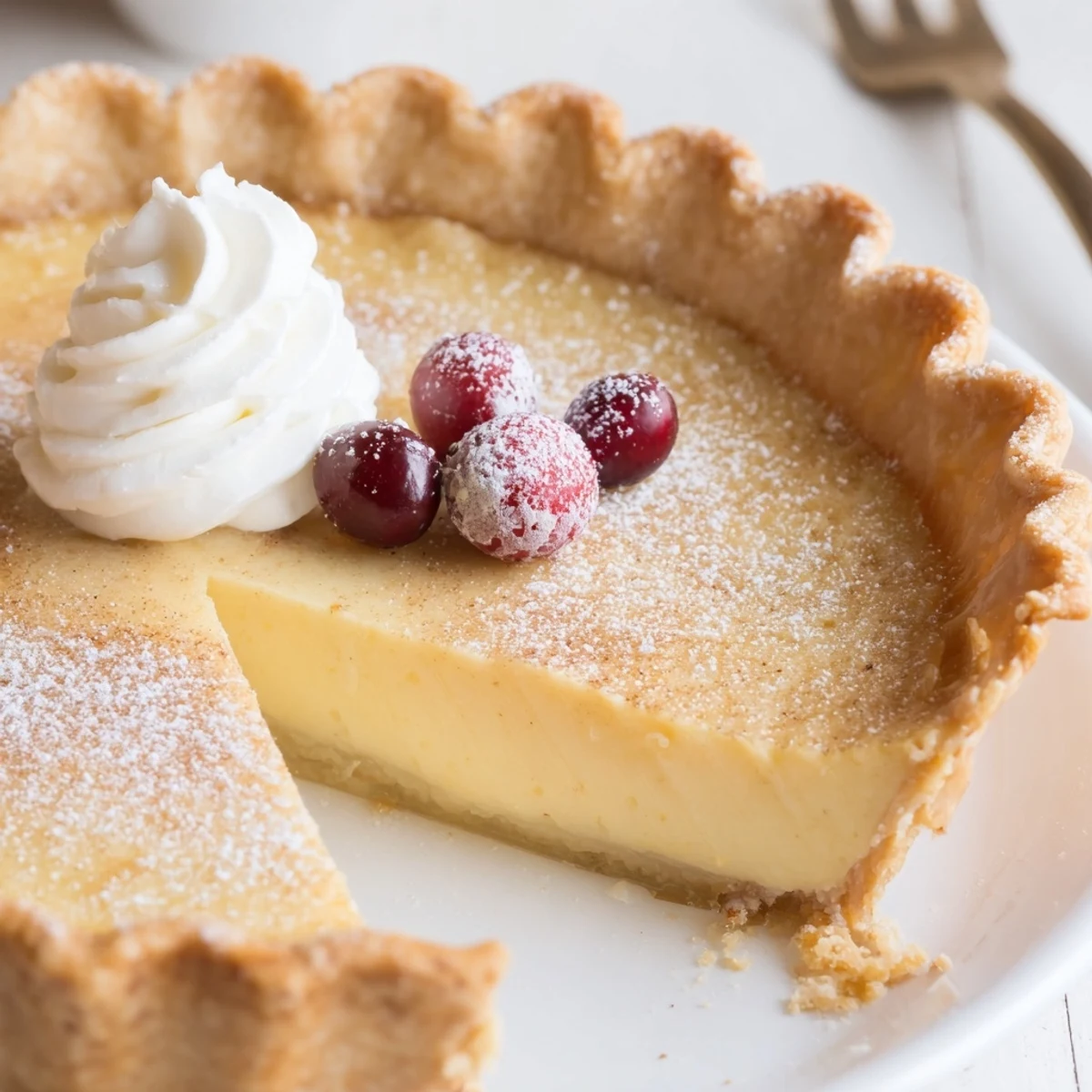Aromatic Christmas Eve Custard Pie With Cinnamon Vanilla slice on festive plate