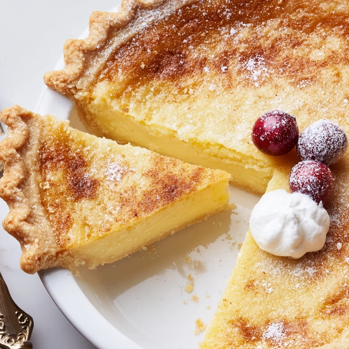 Warm, golden Christmas Eve Custard Pie With Cinnamon Vanilla dusted with powdered sugar