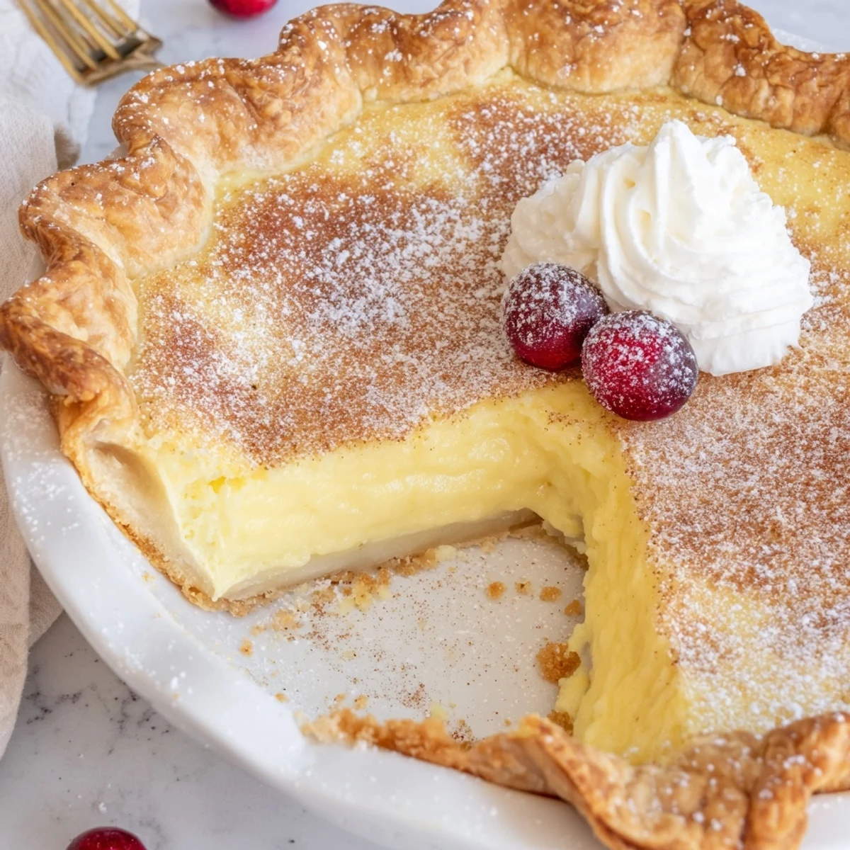 Sliced Christmas Eve Custard Pie With Cinnamon Vanilla resting on wire rack