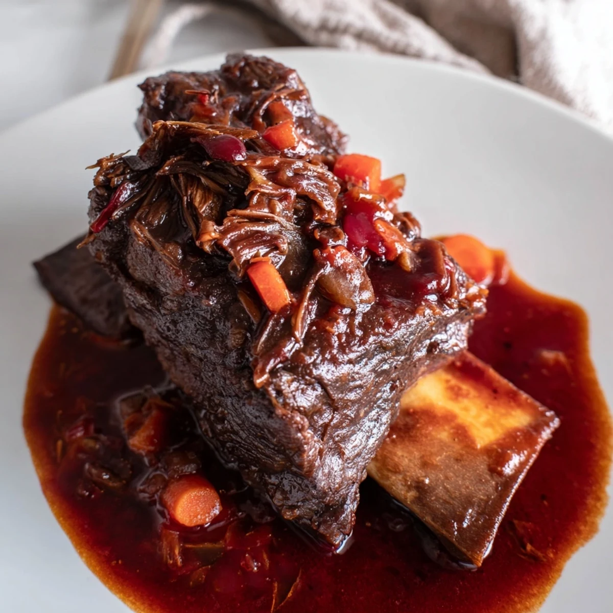 A bowl of Slow Cooker Beef Short Ribs served over creamy mashed potatoes