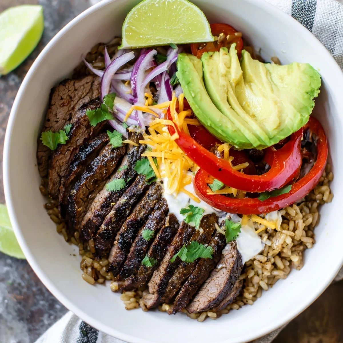 Steak Fajita Power Bowls with sizzling marinated steak, peppers, avocado slices