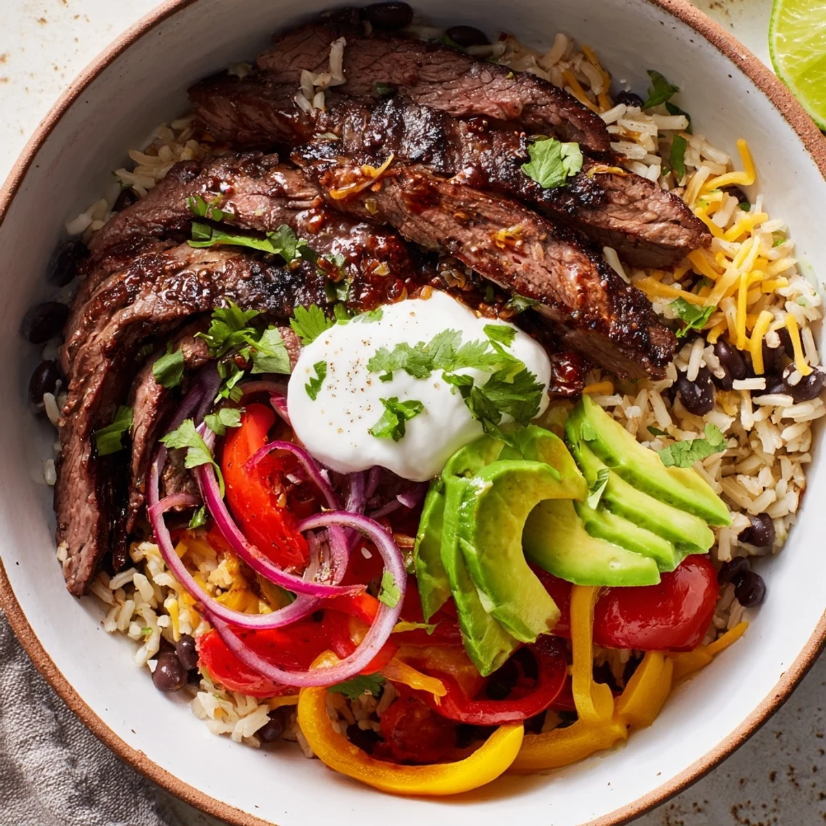 Sizzling marinated steak over rice and peppers in Steak Fajita Power Bowls