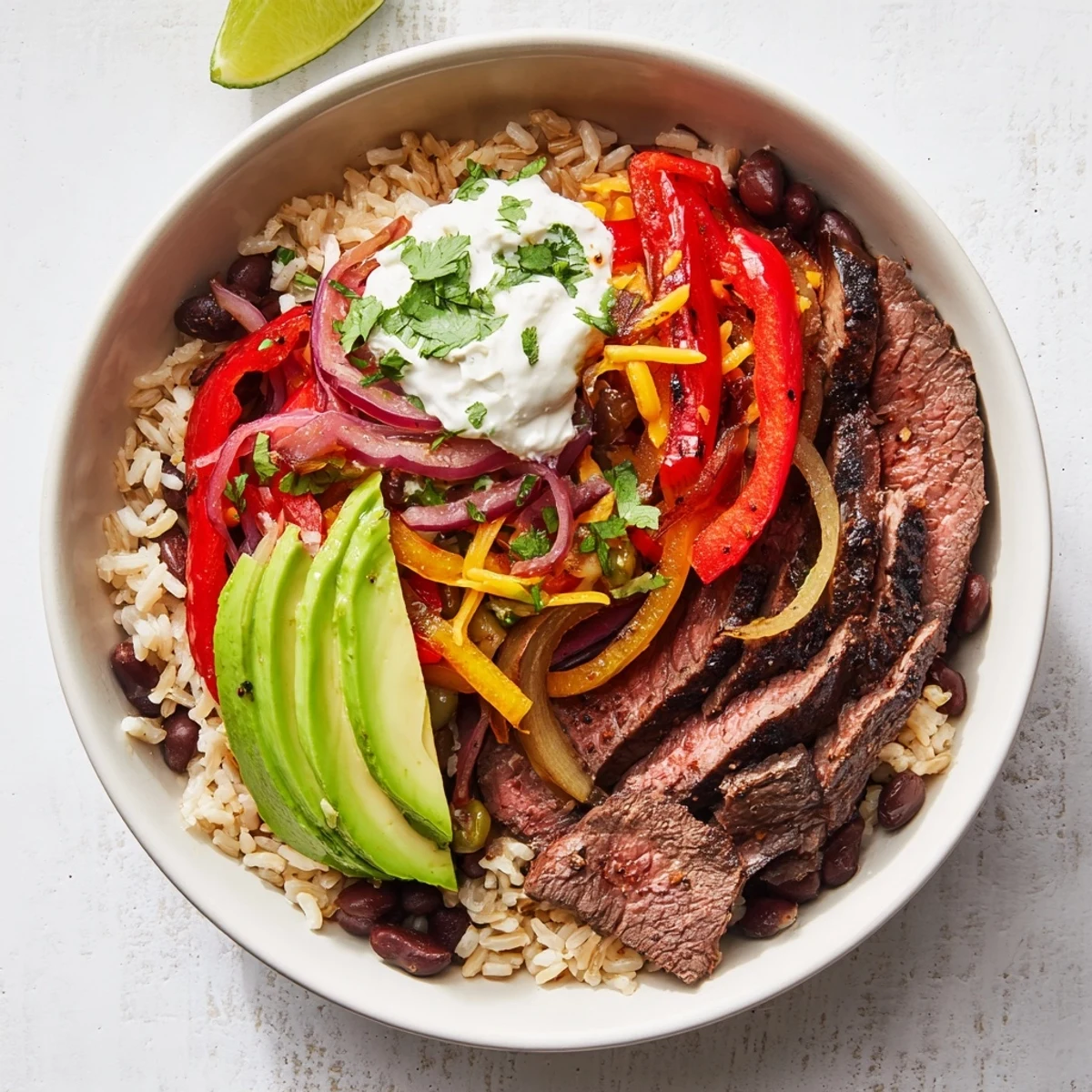 Warm bowl of black beans, avocado, cheese topped—Steak Fajita Power Bowls