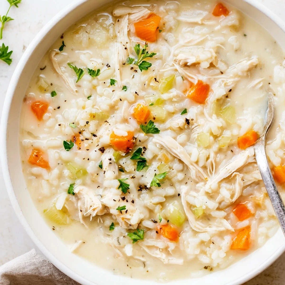 Creamy Chicken Rice Soup with tender chicken, velvety broth, steam rising  