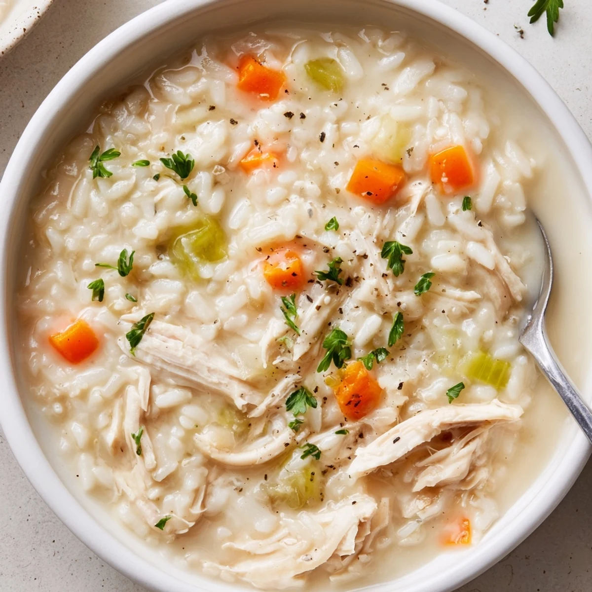 Bowl of Creamy Chicken Rice Soup garnished with parsley, served with bread  