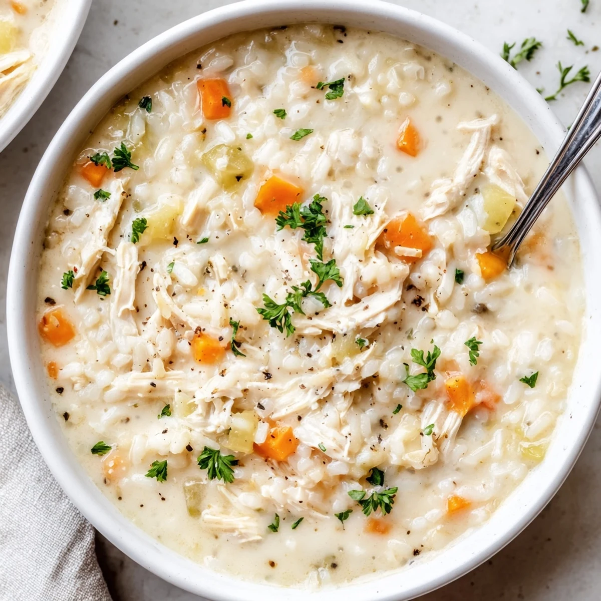 Spoonful of Creamy Chicken Rice Soup shows hearty rice, silky cream