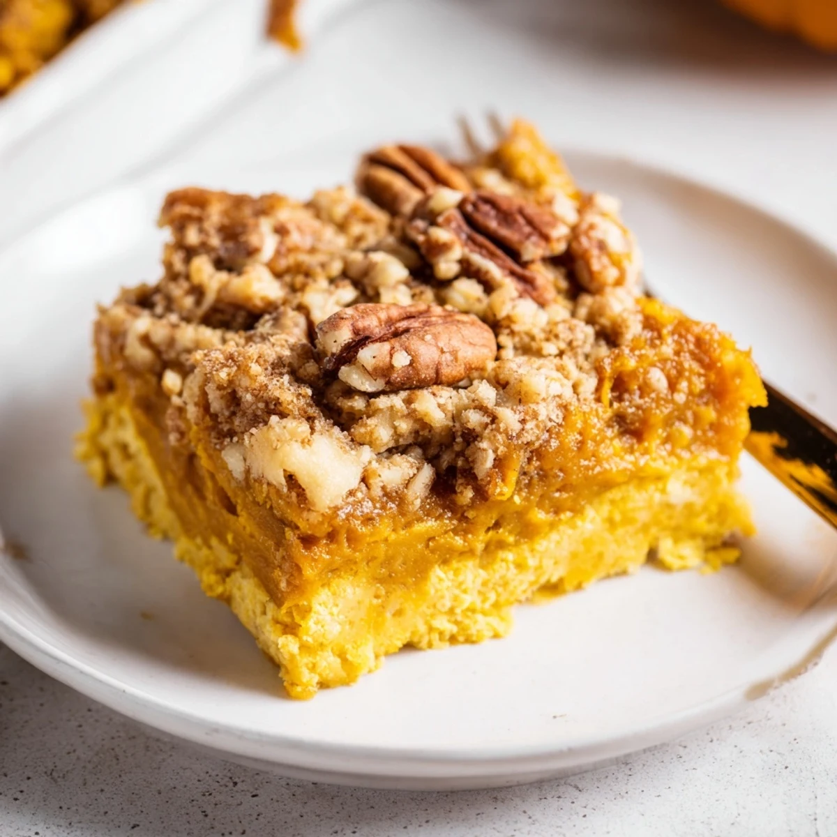 Pumpkin Dump Cake cooling in pan, golden top, pecan crunch visible