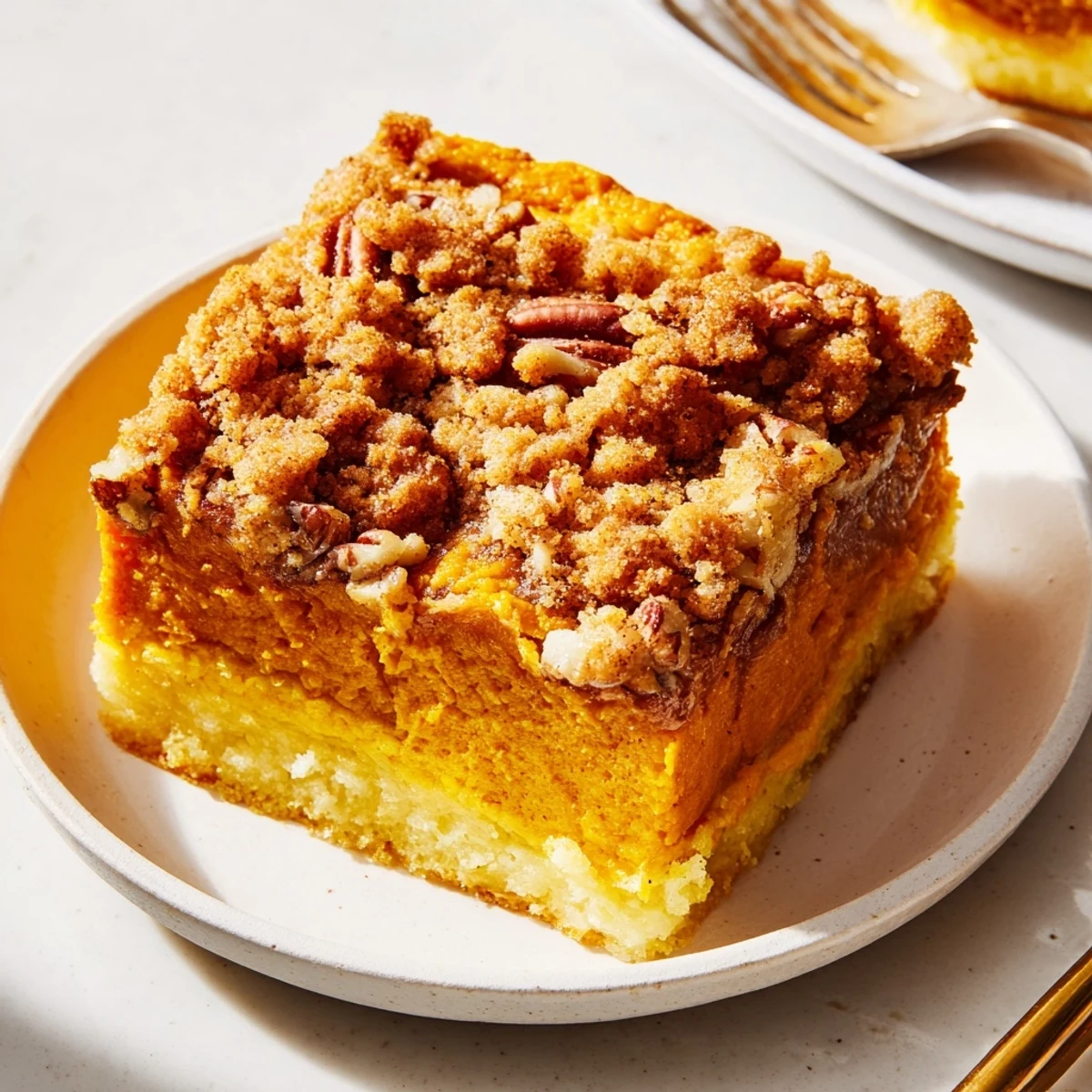 Warm Pumpkin Dump Cake slice with melting vanilla ice cream, spiced aroma