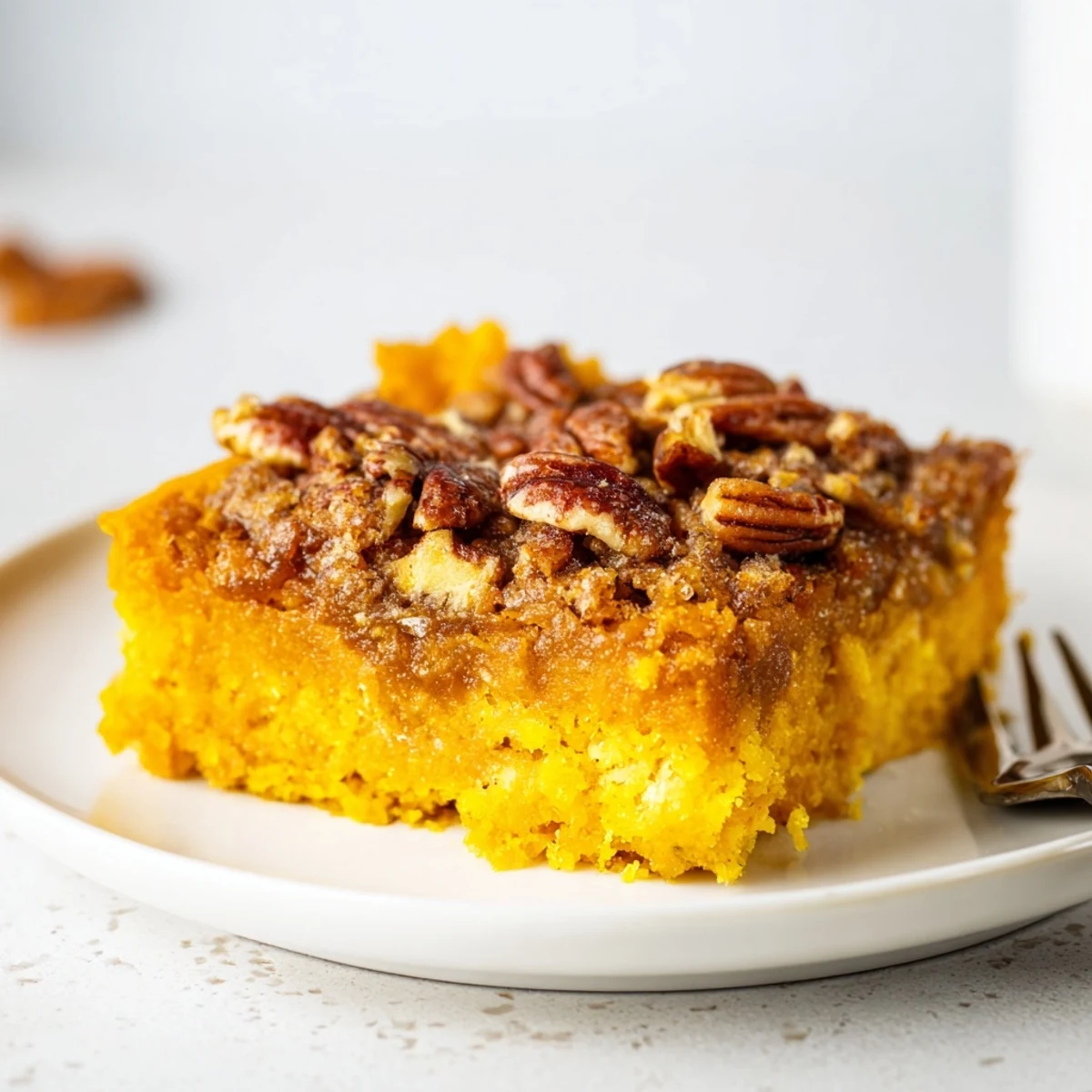 Homestyle Pumpkin Dump Cake showing moist pumpkin layer and buttery crumbs