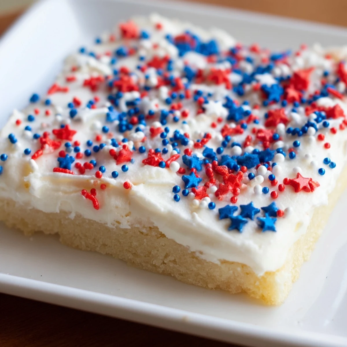 Soft 4th of July sugar cookie bars topped with creamy white frosting and patriotic red white blue sprinkles for Independence Day dessert