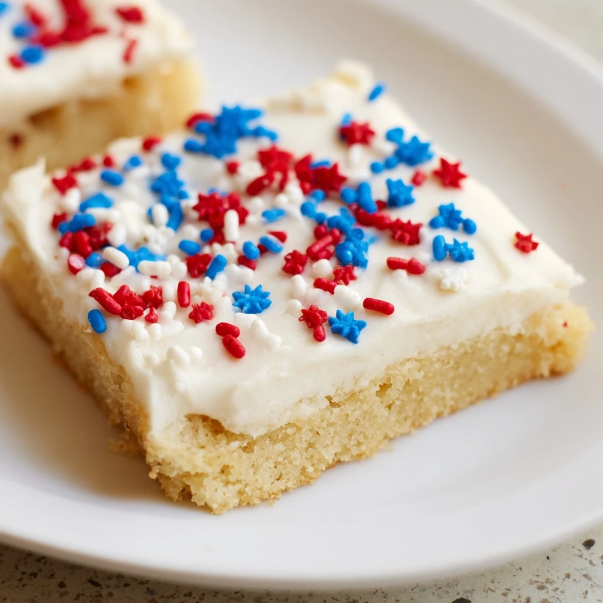 Frosted 4th of July sugar cookie bars cut into squares decorated with colorful sprinkles perfect for summer holiday parties and celebrations