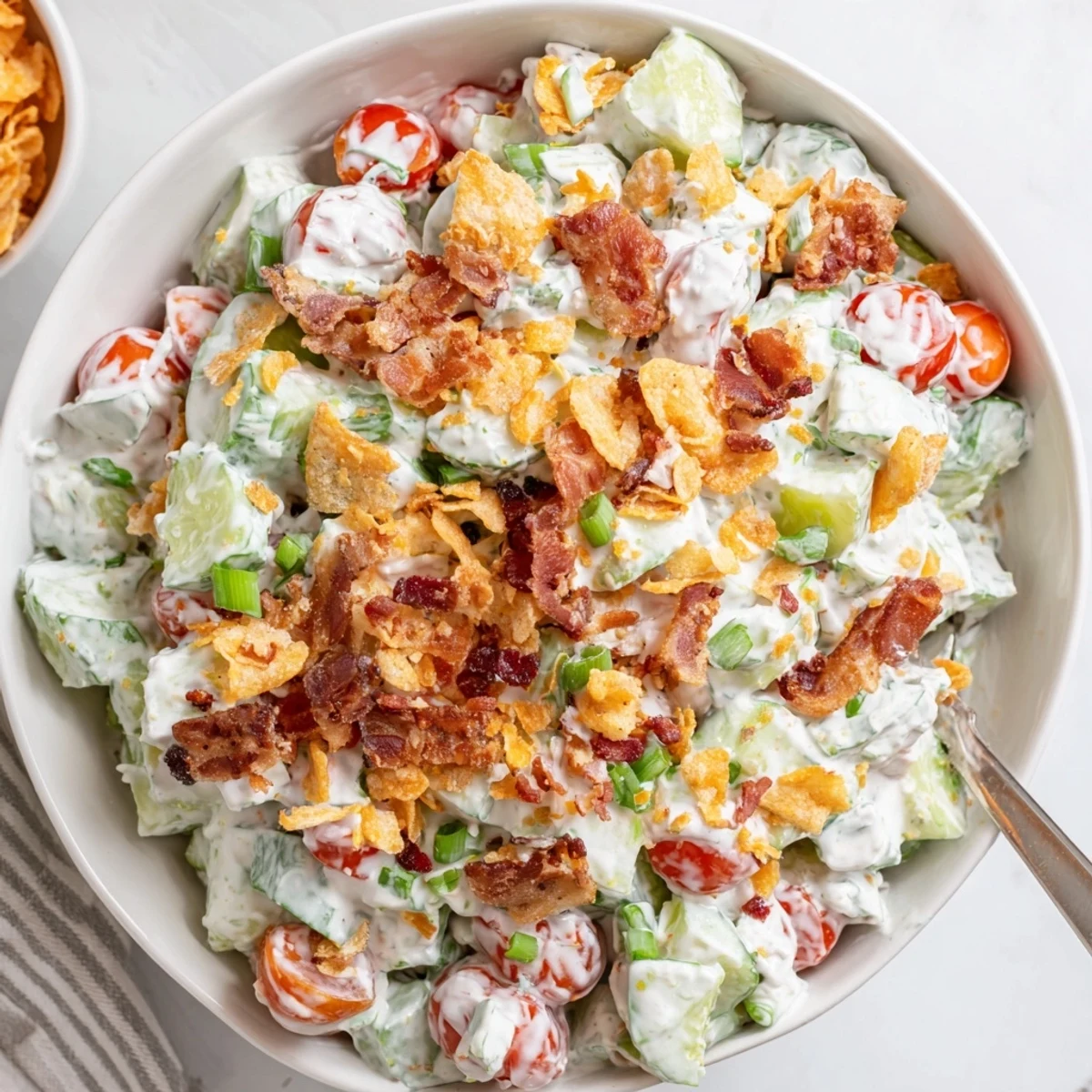 Close-up of cucumber ranch crack salad showcasing vibrant diced vegetables coated in tangy white dressing