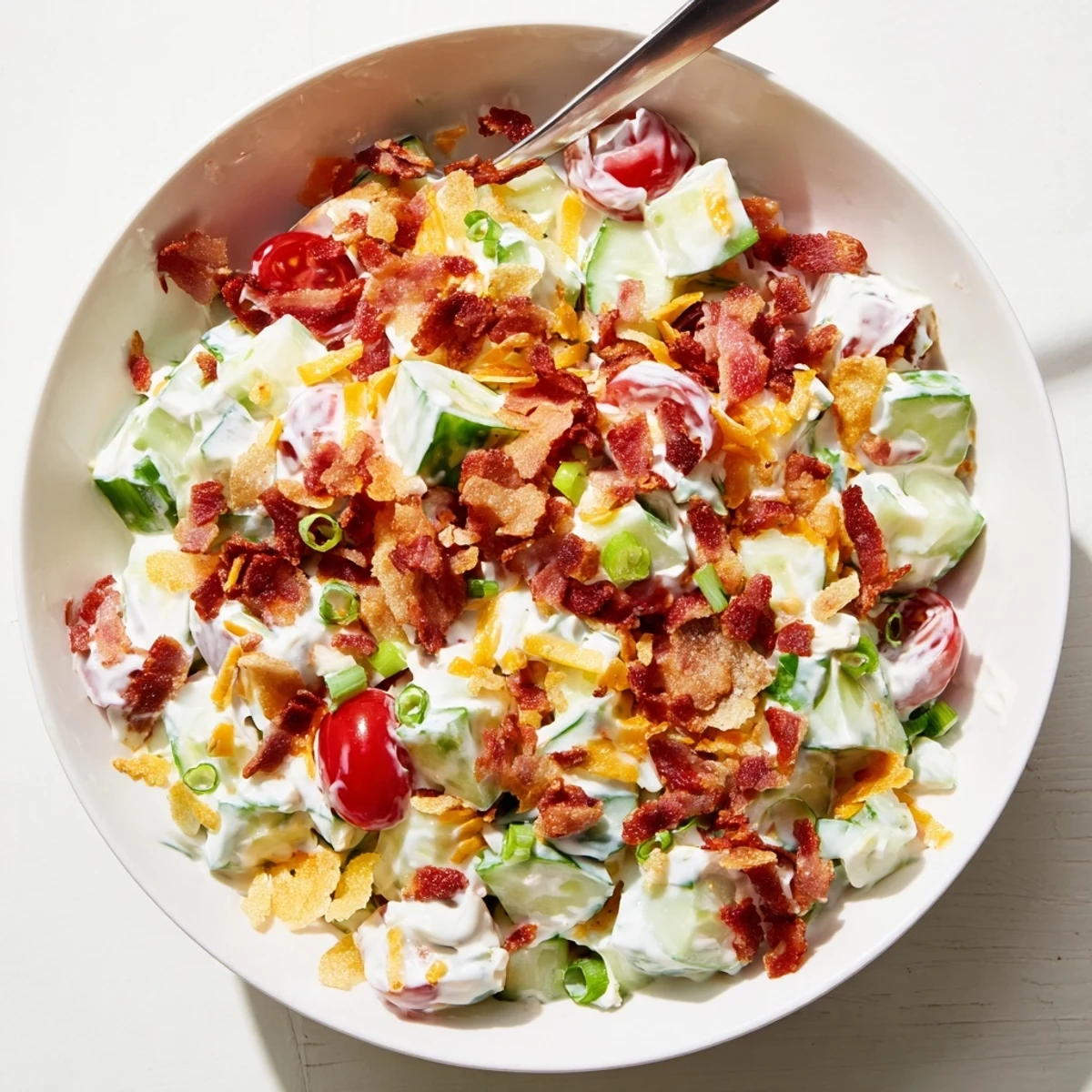 Golden bowl layered with fresh cucumbers, creamy ranch dressing, crispy bacon bits, and cheddar cheese
